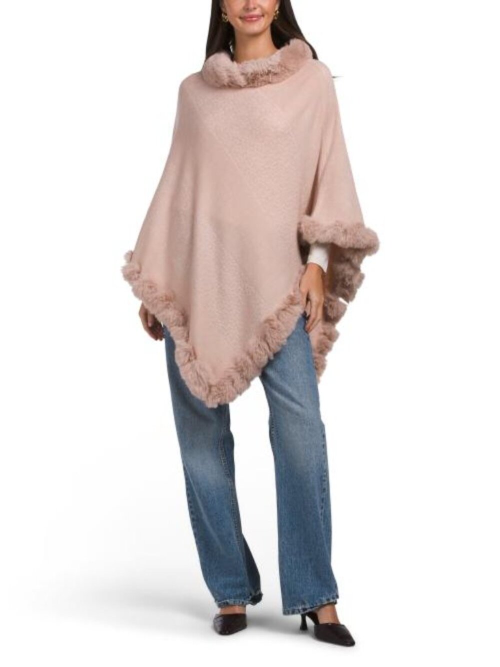 ADRIENNE VITTADINI Geo Tonal Poncho With Faux Mink Trim